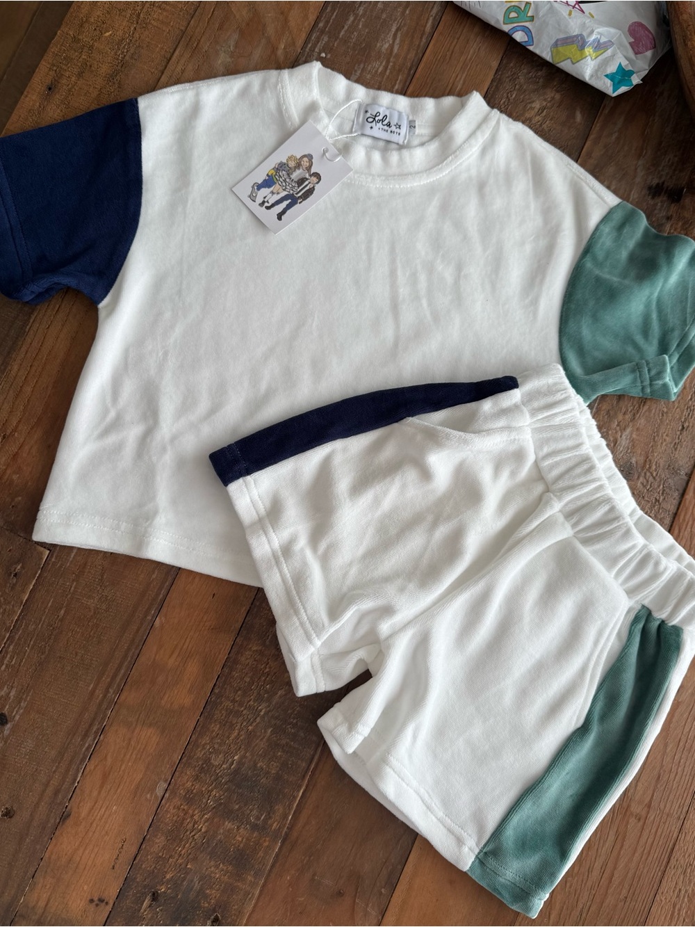 Lola + The Boys White Tee & Shorts Set with Navy and Teal Sleeves